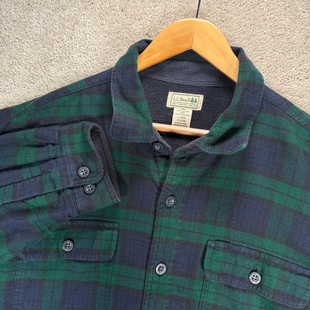 LL Bean Men's L Fleece Lined Flannel Shirt Shacket Green Navy Plaid Button Down